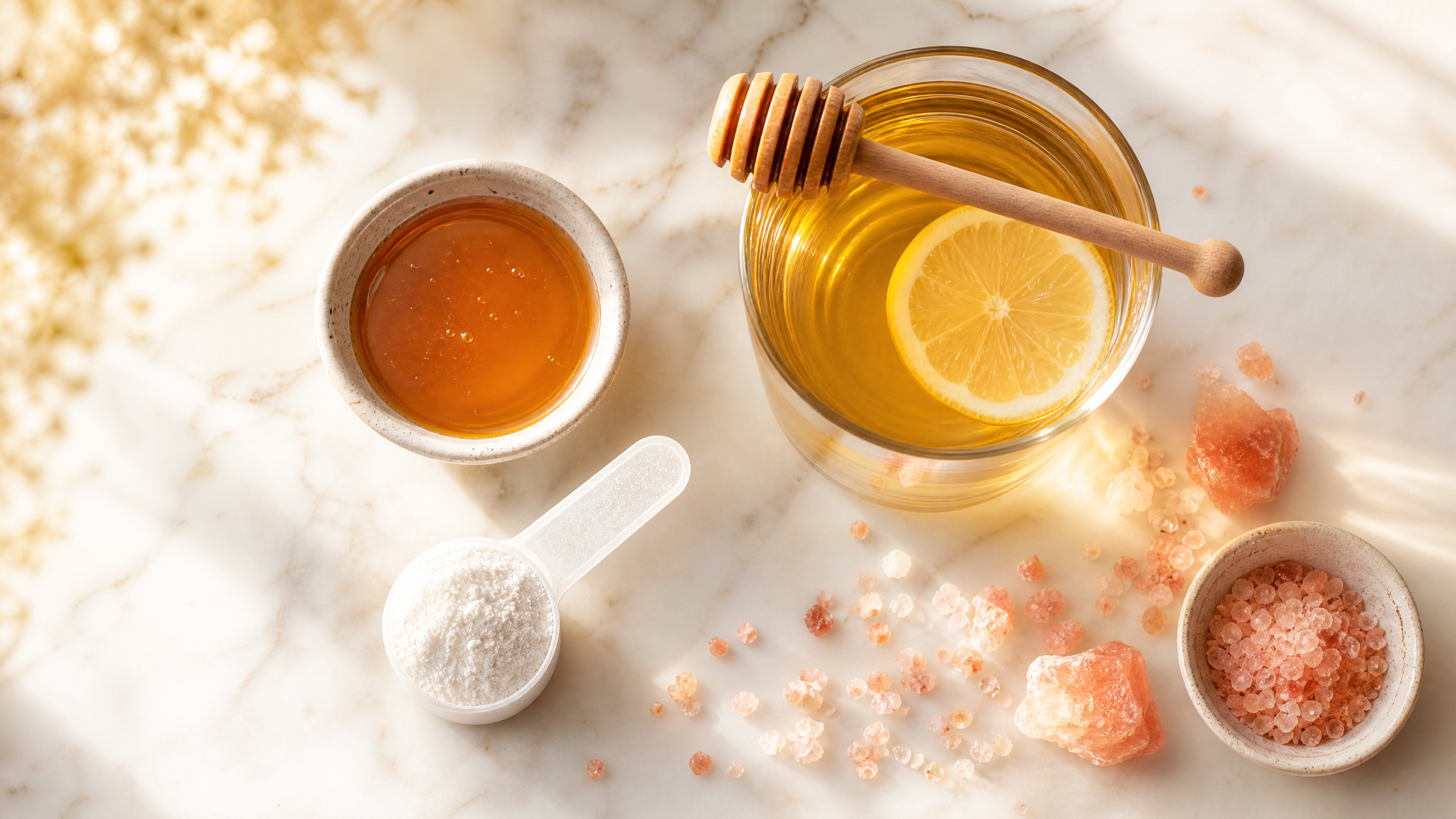 Honey, creatine powder, and pink Himalayan salt electrolytes flat lay - RAWWTR morning hydration routine