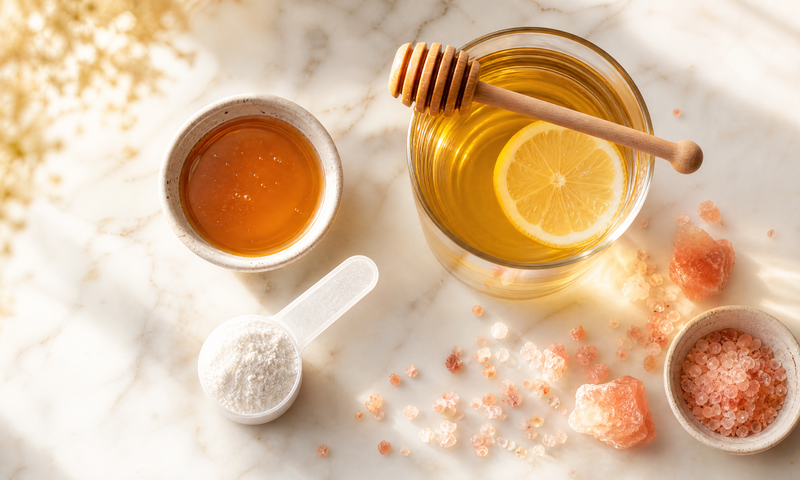 Honey, creatine powder, and pink Himalayan salt electrolytes flat lay - RAWWTR morning hydration routine