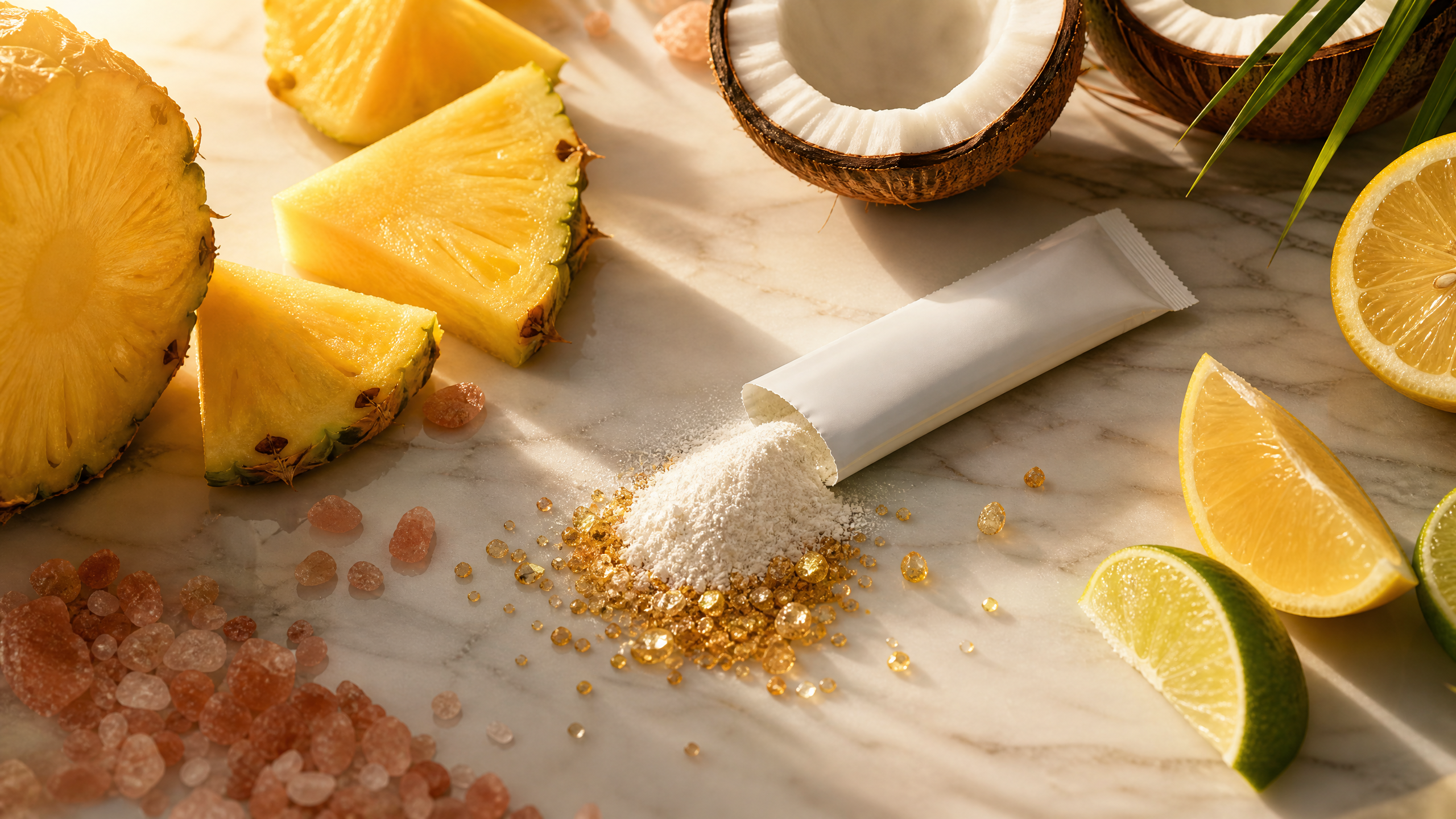 RAWWTR creatine electrolyte morning hydration powder ingredients - pineapple coconut lemon lime pink Himalayan salt
