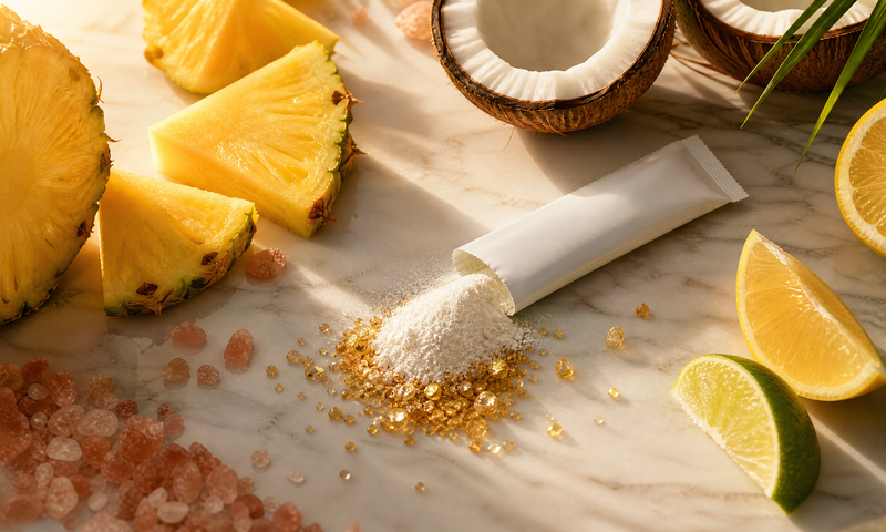 RAWWTR creatine electrolyte morning hydration powder ingredients - pineapple coconut lemon lime pink Himalayan salt