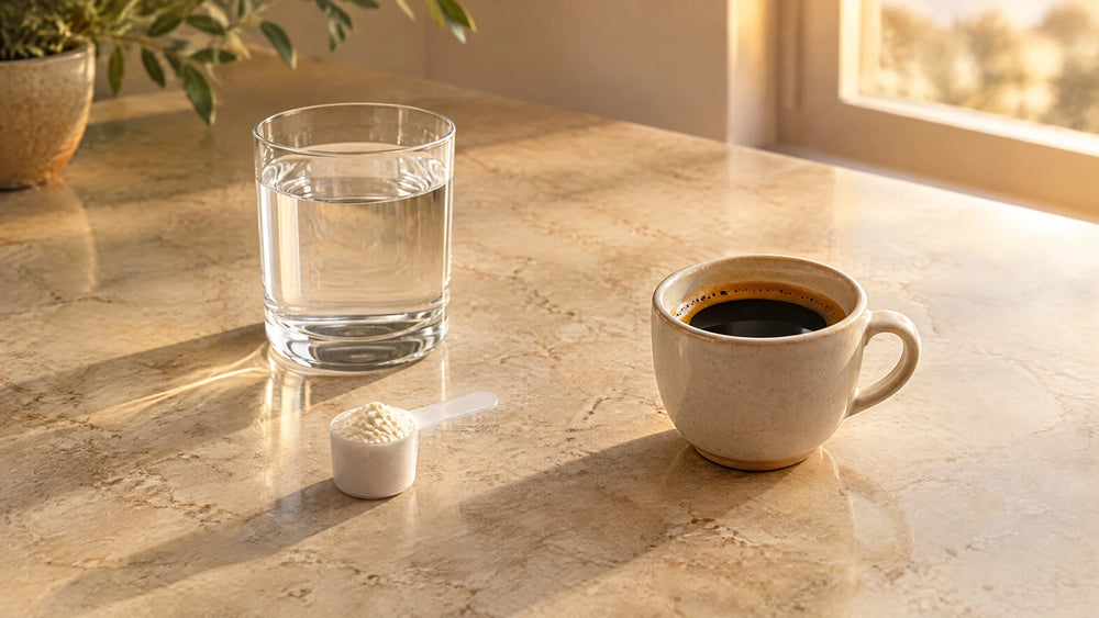Ceramic cup of black coffee, glass of water, and small scoop of white powder in warm morning light