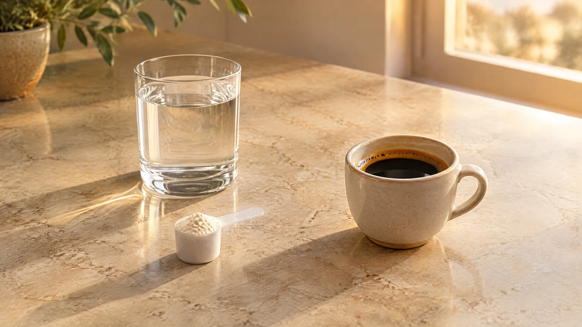 Ceramic cup of black coffee, glass of water, and small scoop of white powder in warm morning light
