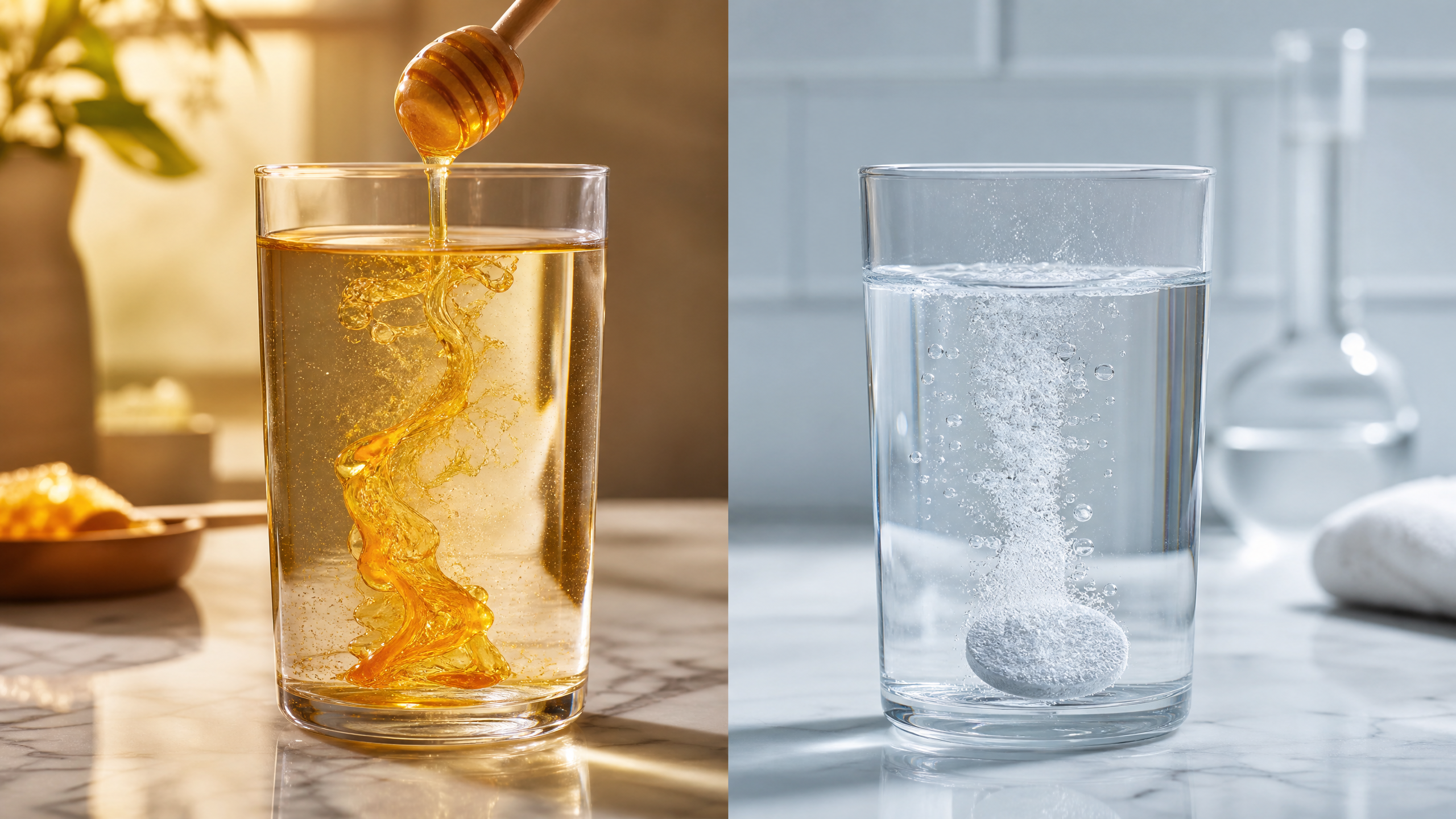 Natural honey water vs artificial sweetener tablet - zero sugar hydration powders and gut health