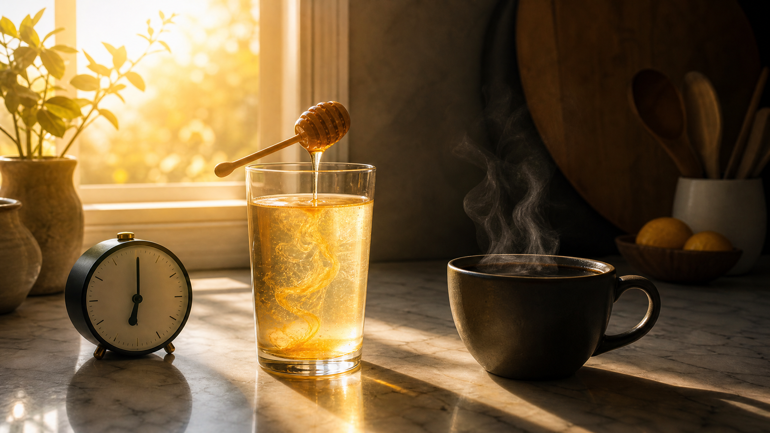 Golden electrolyte water with honey dipper next to steaming coffee cup at 6am sunrise - morning hydration before coffee