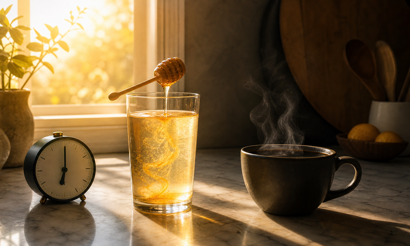 Golden electrolyte water with honey dipper next to steaming coffee cup at 6am sunrise - morning hydration before coffee