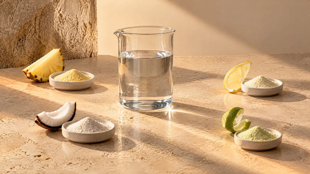 Pineapple, coconut, lemon, and lime powders arranged around water in sunrise light