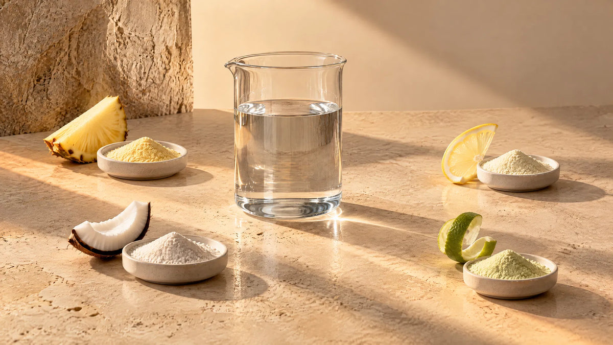 Pineapple, coconut, lemon, and lime powders arranged around water in sunrise light