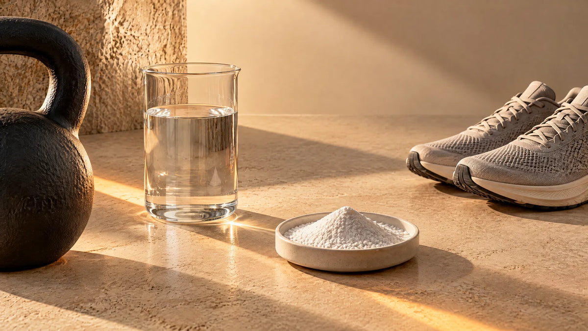 Creatine, water, a kettlebell, and running shoes representing hybrid strength and endurance training
