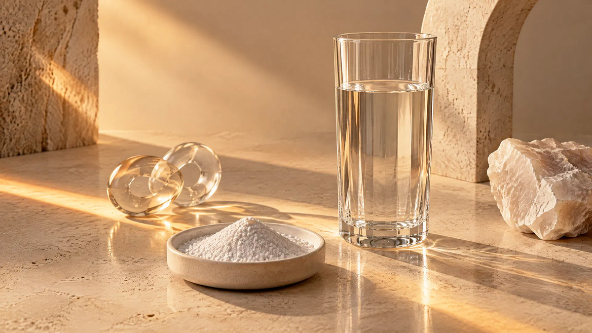 Magnesium malate ingredient study with mineral powder and a clear glass of water at sunrise