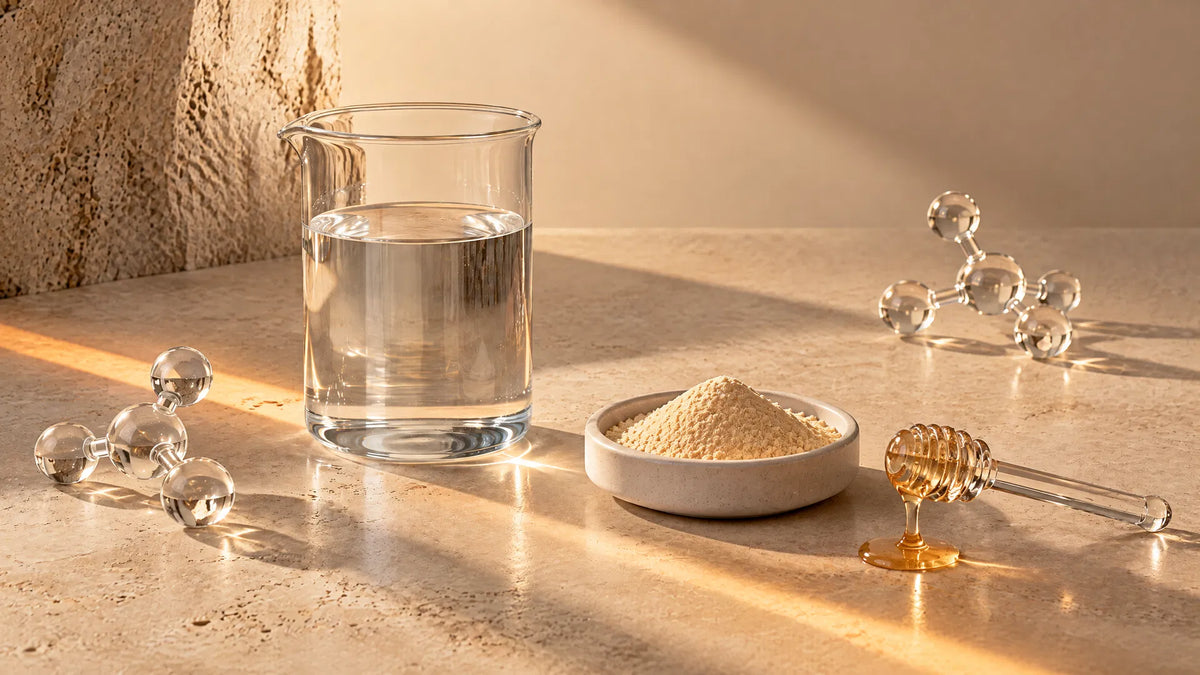 Organic honey powder beside water and a glass honey dipper in warm morning light