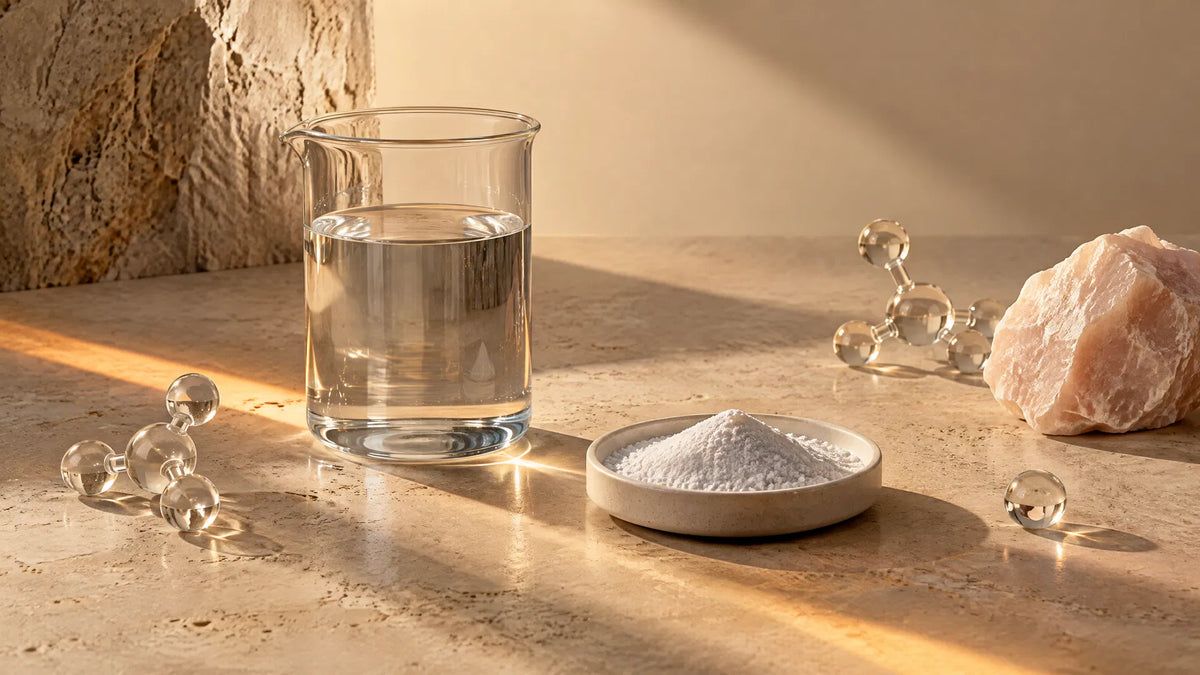 Potassium citrate ingredient study with mineral powder, water, and warm sunrise light