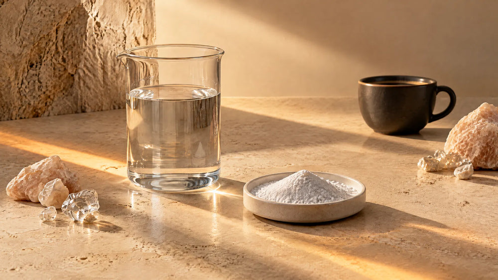 Water and creatine in sunrise light with a coffee cup placed in the background